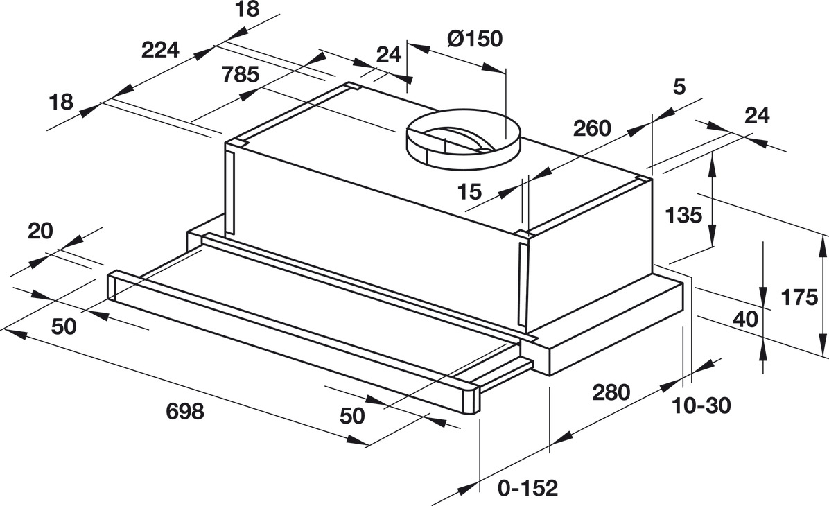 Máy hút mùi kiểu ống lồng Hafele, Mặt thép không gỉ, Thanh trượt cơ khí, 70 cm HH-S70A