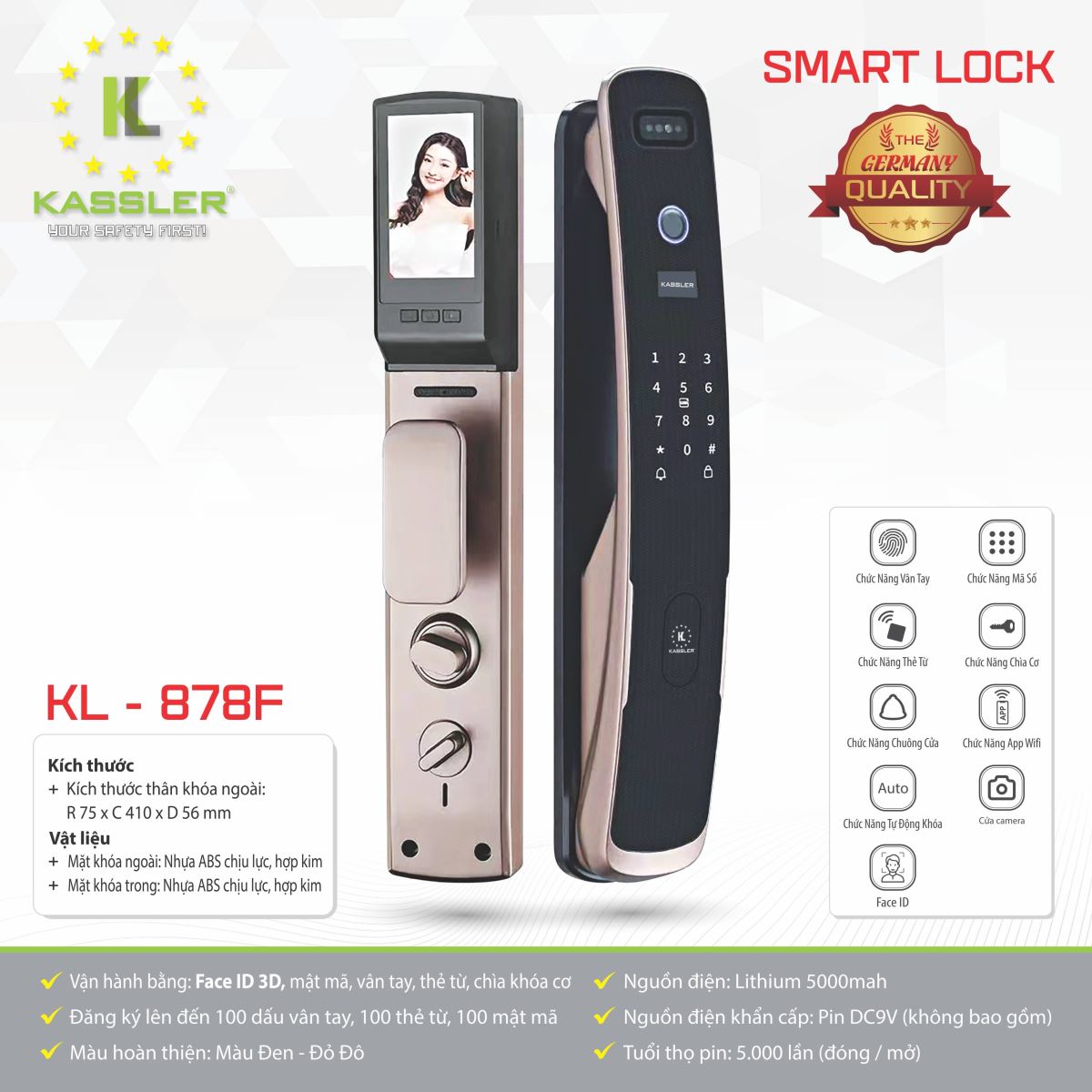 Khóa vân tay Kassler KL-878- F - Mở bằng APP điện thoại