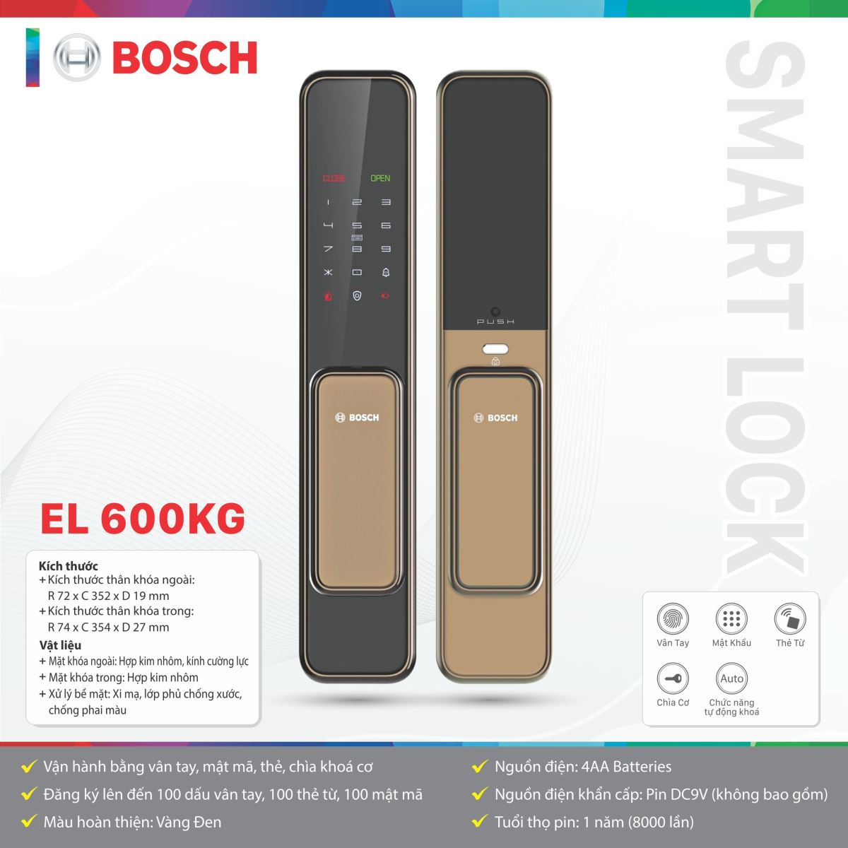 Khóa cửa Bosch EL 600KB Đen xám, Hợp kim nhôm, kính cường lực.